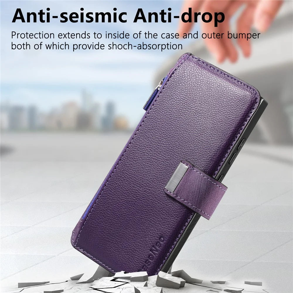 CASENEO MW-02 For Samsung Galaxy S24 Ultra Case Zipper Pocket PU Leather Stand Phone Cover - Purple - 5