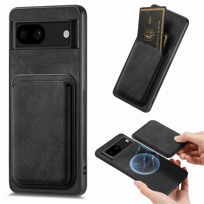 For Google Pixel 8a Magnetic Case Leather Back Cover with Detachable Card Holder - Black - 1