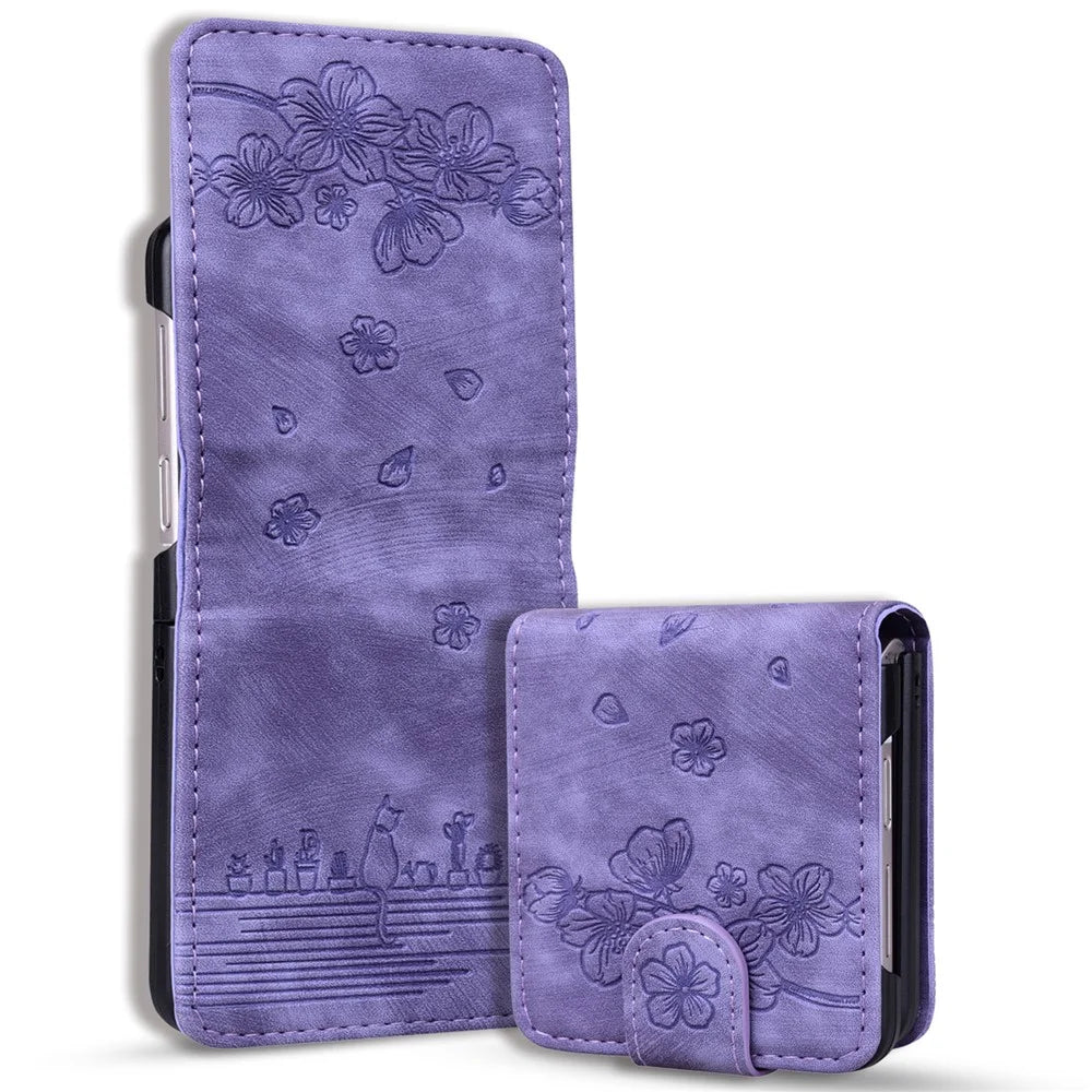 For Samsung Galaxy Z Flip7 FE 5G / Z Flip6 5G Case Leather + PC Cherry Blossom Phone Cover Card Holder - Purple - 1