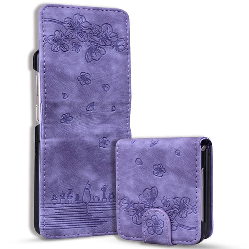 For Samsung Galaxy Z Flip7 FE 5G / Z Flip6 5G Case Leather + PC Cherry Blossom Phone Cover Card Holder - Purple - 1