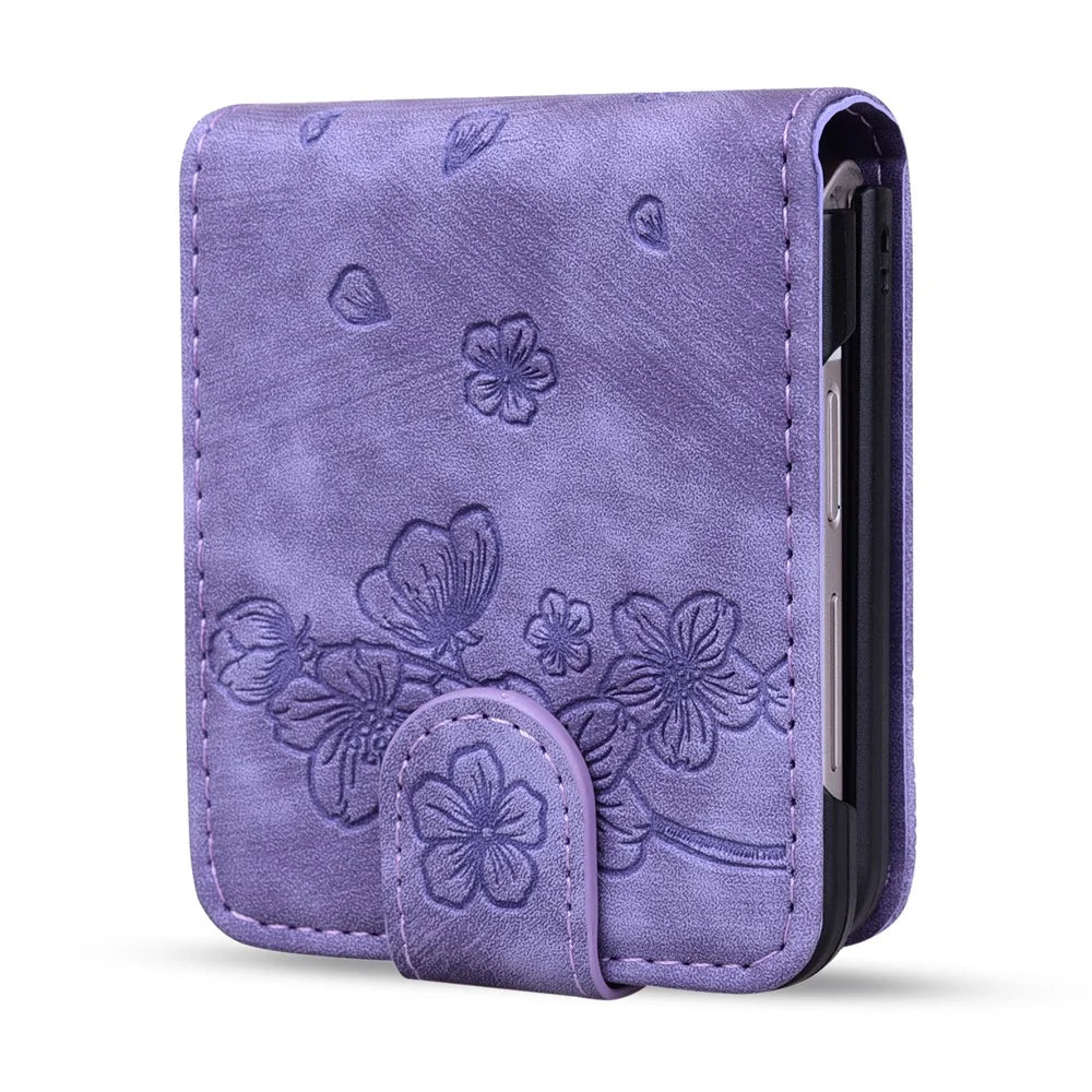 For Samsung Galaxy Z Flip7 FE 5G / Z Flip6 5G Case Leather + PC Cherry Blossom Phone Cover Card Holder - Purple - 2