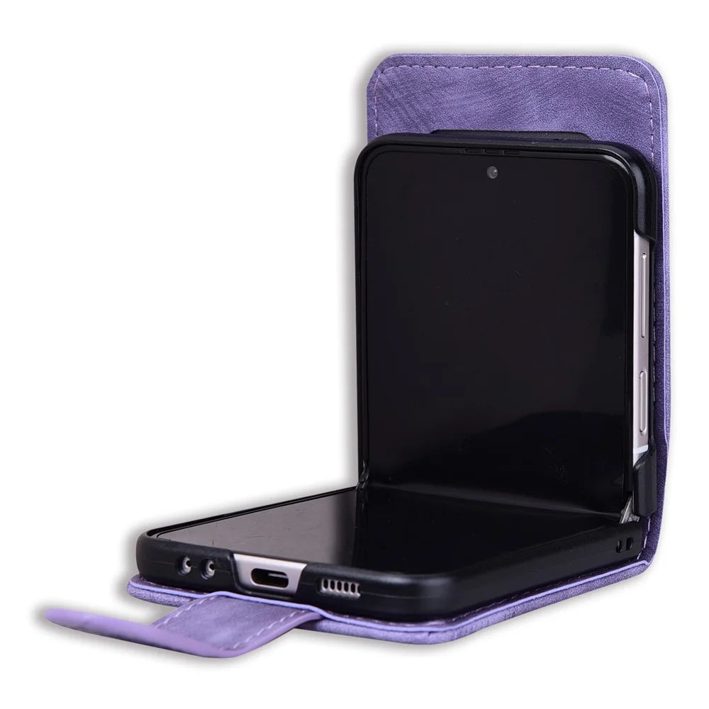 For Samsung Galaxy Z Flip7 FE 5G / Z Flip6 5G Case Leather + PC Cherry Blossom Phone Cover Card Holder - Purple - 3