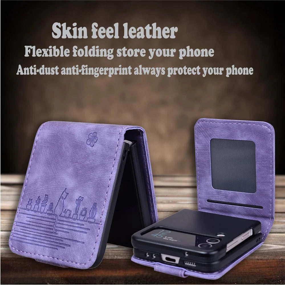 For Samsung Galaxy Z Flip7 FE 5G / Z Flip6 5G Case Leather + PC Cherry Blossom Phone Cover Card Holder - Purple - 5