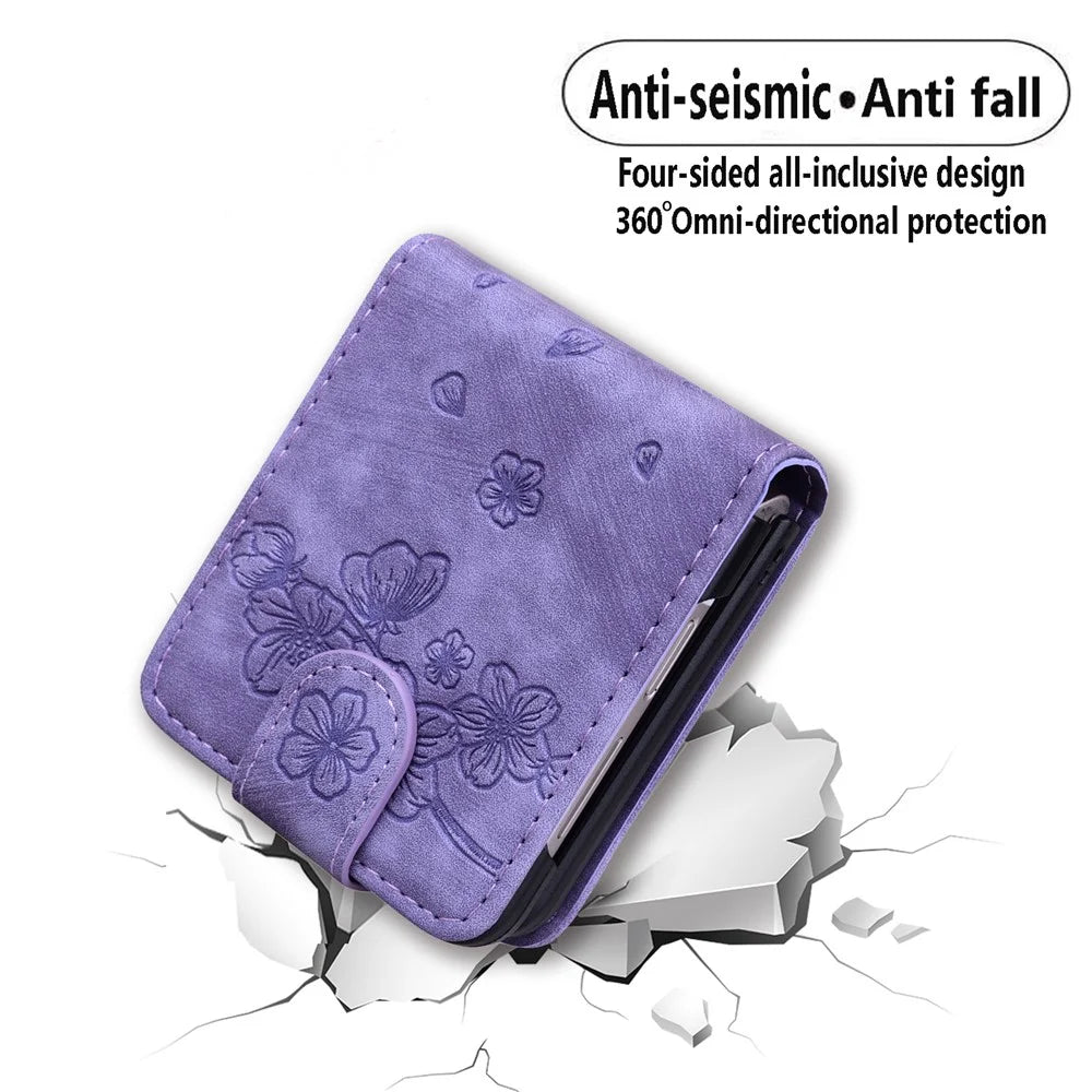 For Samsung Galaxy Z Flip7 FE 5G / Z Flip6 5G Case Leather + PC Cherry Blossom Phone Cover Card Holder - Purple - 7