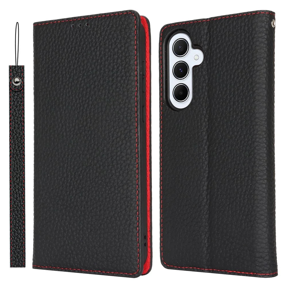 For Samsung Galaxy S24 FE Case Litchi Texture Genuine Cow Leather Phone Cover with Strap - Black - 1