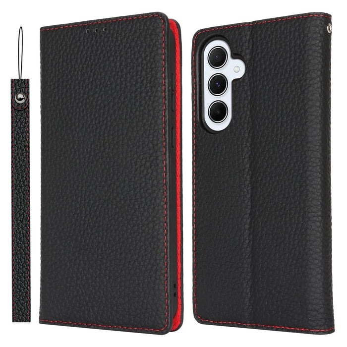 For Samsung Galaxy A55 5G Wallet Case Genuine Cow Leather Phone Cover Litchi Texture - Blue - 1