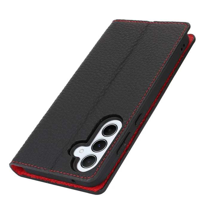 For Samsung Galaxy A55 5G Wallet Case Genuine Cow Leather Phone Cover Litchi Texture - Blue - 6