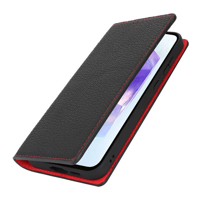 For Samsung Galaxy A55 5G Wallet Case Genuine Cow Leather Phone Cover Litchi Texture - Blue - 7