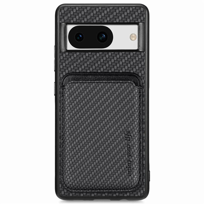 For Google Pixel 8a Case Carbon Fiber Leather Back Cover with Detachable Magnetic Card Bag - Black - 1