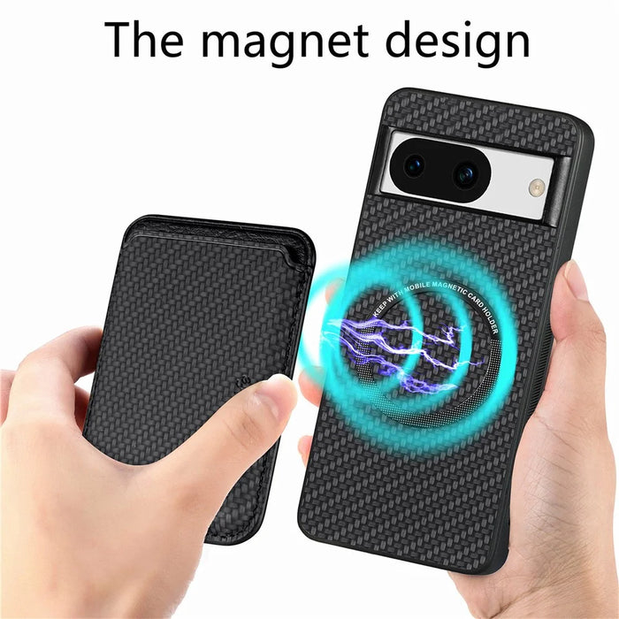 For Google Pixel 8a Case Carbon Fiber Leather Back Cover with Detachable Magnetic Card Bag - Black - 2