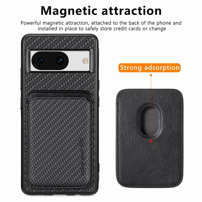 For Google Pixel 8a Case Carbon Fiber Leather Back Cover with Detachable Magnetic Card Bag - Black - 3