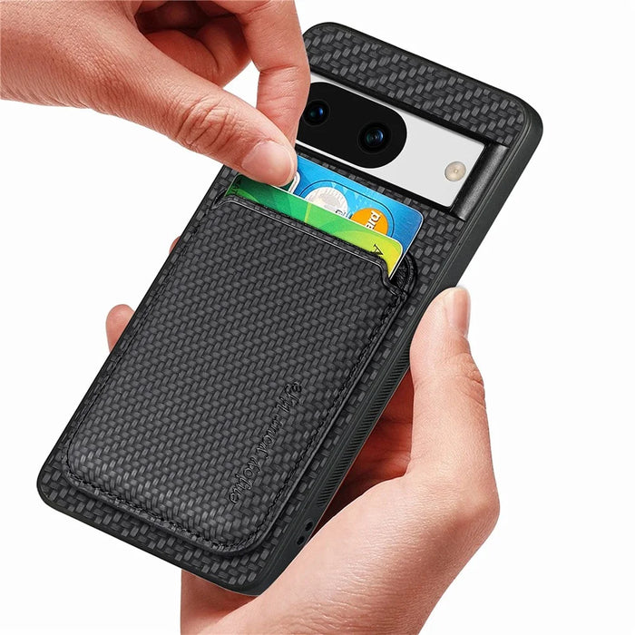 For Google Pixel 8a Case Carbon Fiber Leather Back Cover with Detachable Magnetic Card Bag - Black - 4