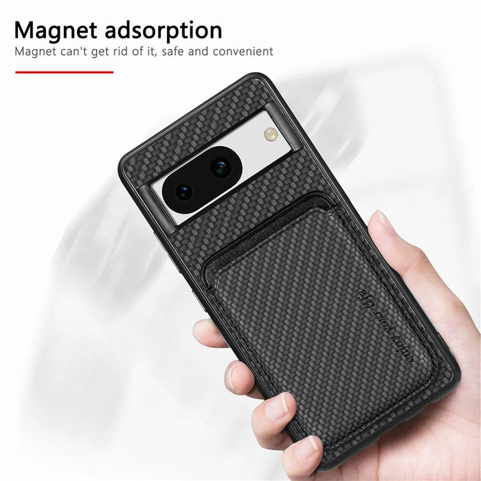 For Google Pixel 8a Case Carbon Fiber Leather Back Cover with Detachable Magnetic Card Bag - Black - 5