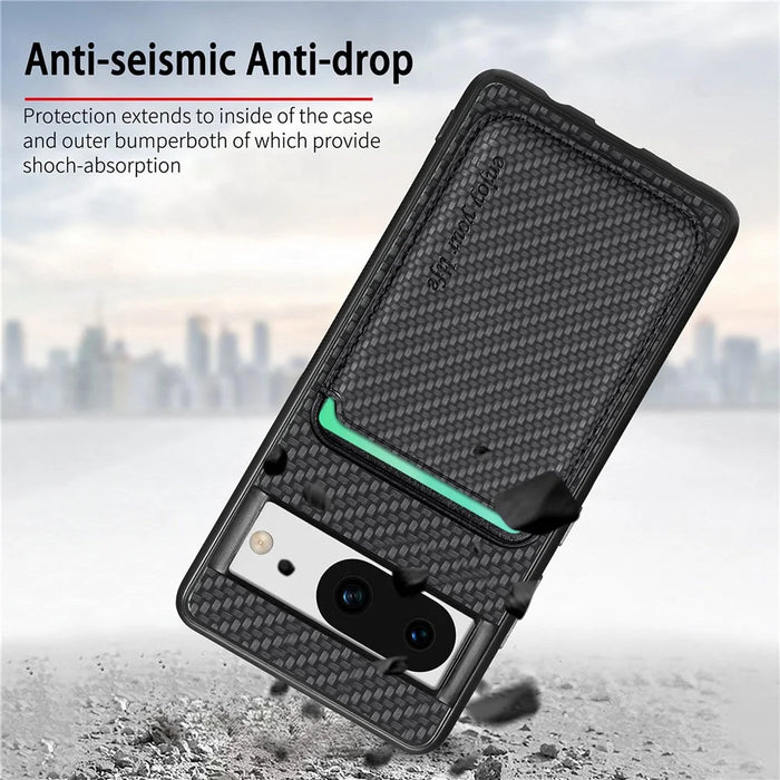 For Google Pixel 8a Case Carbon Fiber Leather Back Cover with Detachable Magnetic Card Bag - Black - 6