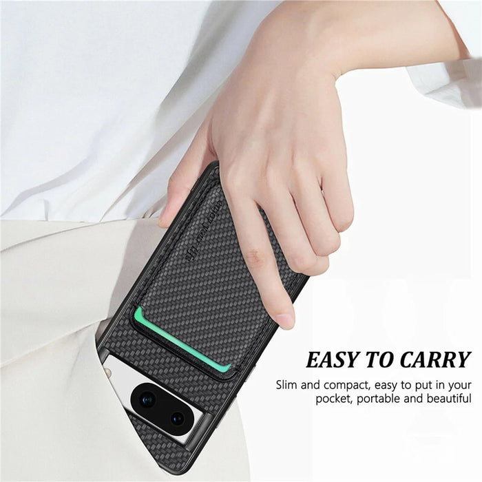 For Google Pixel 8a Case Carbon Fiber Leather Back Cover with Detachable Magnetic Card Bag - Black - 7