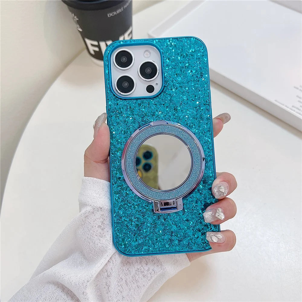 For iPhone 15 Pro Max Case TPU+PC Kickstand Phone Cover with Mirror - Blue - 2