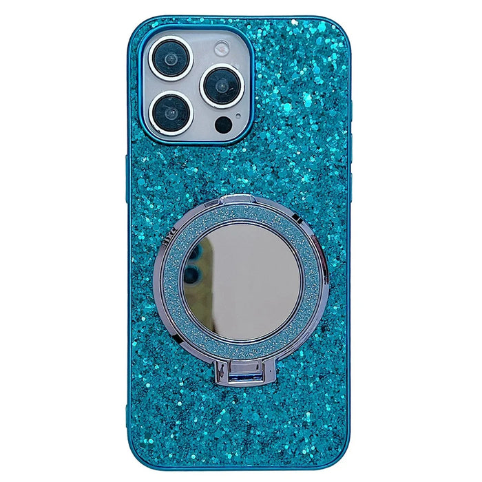 For iPhone 15 Pro Case Kickstand TPU+PC Phone Cover with Mirror - Blue - 1