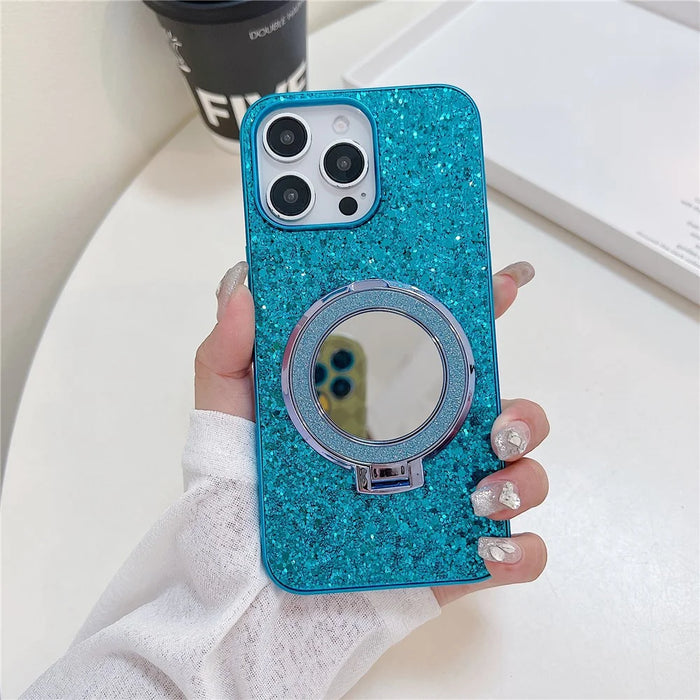 For iPhone 15 Pro Case Kickstand TPU+PC Phone Cover with Mirror - Blue - 2