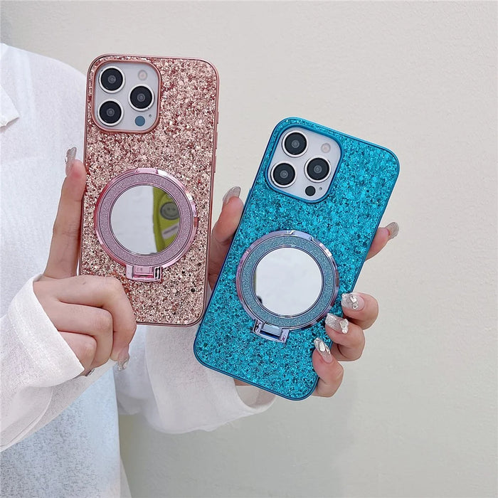 For iPhone 15 Pro Case Kickstand TPU+PC Phone Cover with Mirror - Blue - 4
