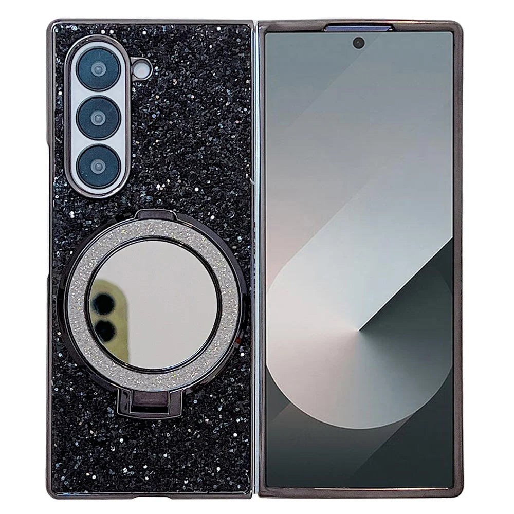 For Samsung Galaxy Z Fold6 5G Magnetic Case TPU+PC Kickstand Phone Cover with Mirror - Black - 1