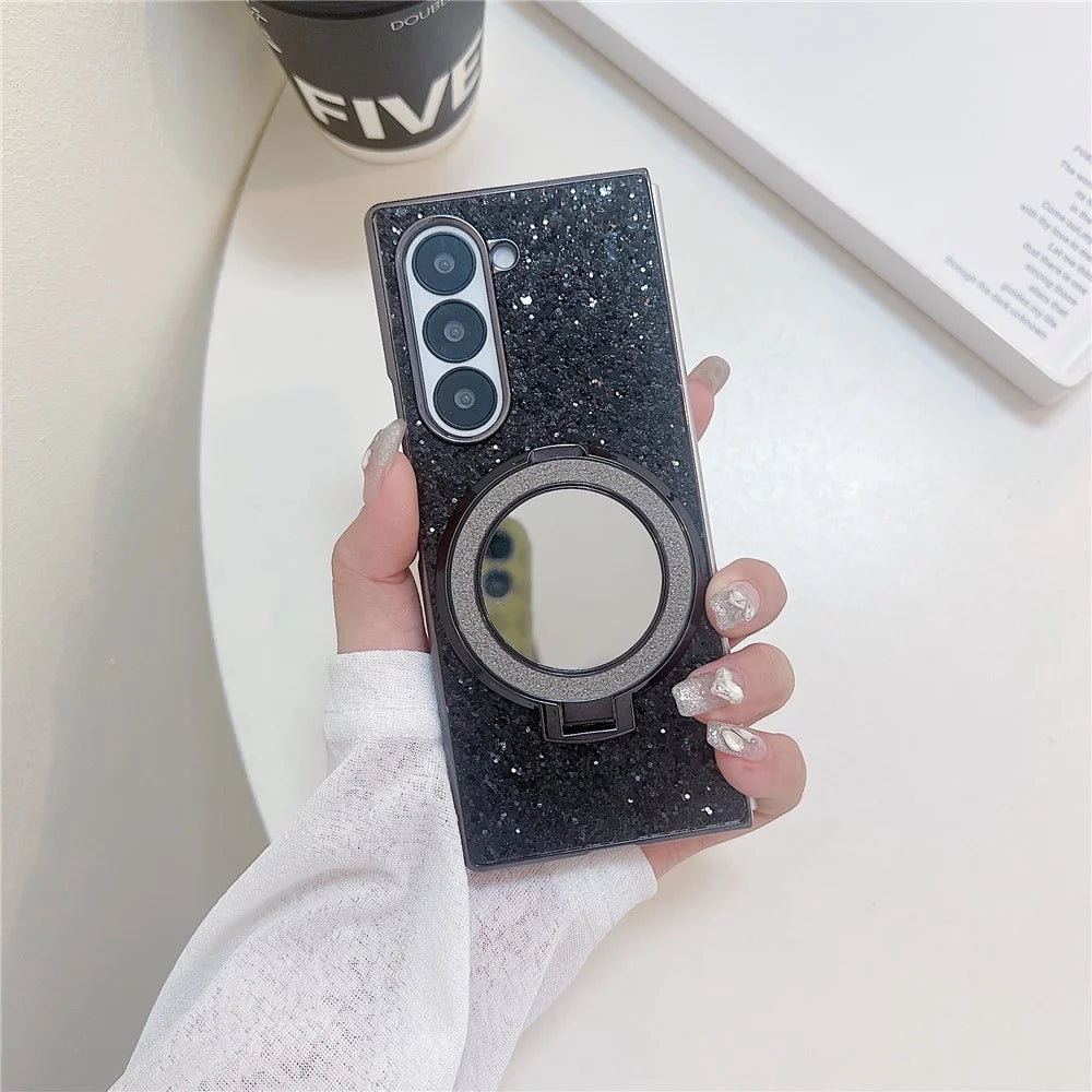 For Samsung Galaxy Z Fold6 5G Magnetic Case TPU+PC Kickstand Phone Cover with Mirror - Black - 2