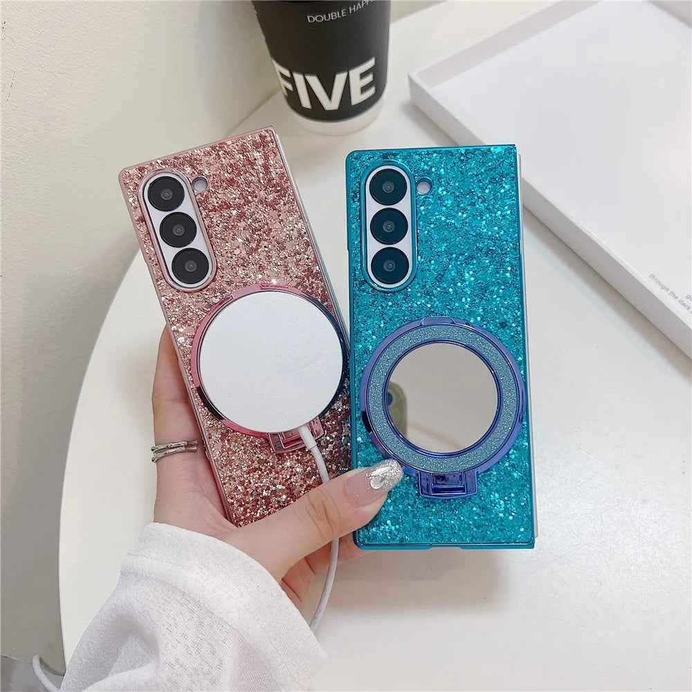 For Samsung Galaxy Z Fold6 5G Magnetic Case TPU+PC Kickstand Phone Cover with Mirror - Black - 5