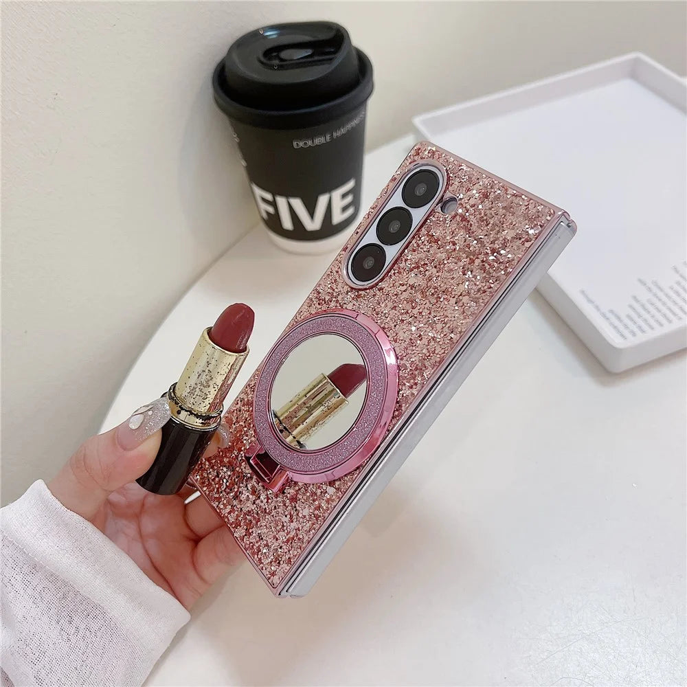 For Samsung Galaxy Z Fold6 5G Magnetic Case TPU+PC Kickstand Phone Cover with Mirror - Black - 6