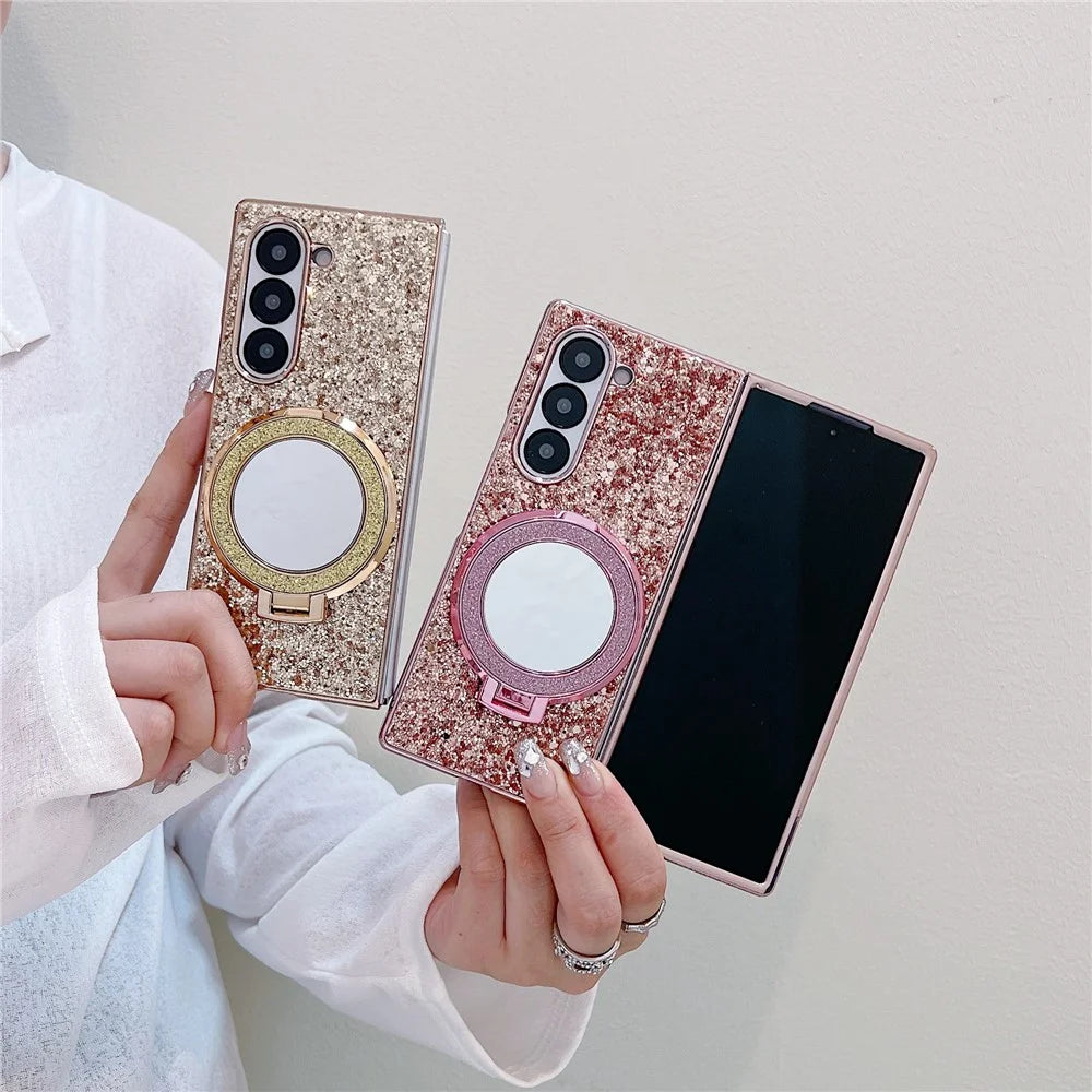 For Samsung Galaxy Z Fold6 5G Magnetic Case TPU+PC Kickstand Phone Cover with Mirror - Black - 7