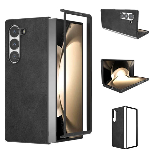 For Samsung Galaxy Z Fold6 5G Case Cowhide Texture Hard PC+PU Protective Phone Cover - Black - 1