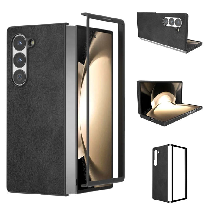 For Samsung Galaxy Z Fold6 5G Case Cowhide Texture Hard PC+PU Protective Phone Cover - Black - 1