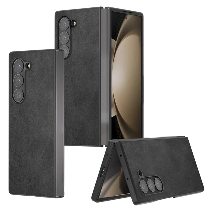 For Samsung Galaxy Z Fold6 5G Case Cowhide Texture Hard PC+PU Protective Phone Cover - Black - 5