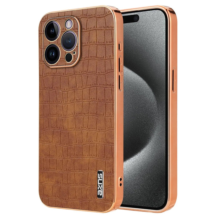 AZNS For iPhone 16 Pro Max Case Electroplating Crocodile Texture PU+TPU Phone Cover - Brown - 1