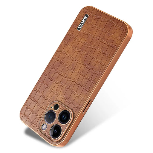AZNS For iPhone 16 Pro Max Case Electroplating Crocodile Texture PU+TPU Phone Cover - Brown - 2