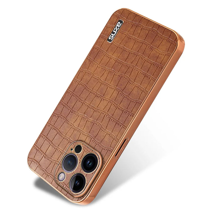 AZNS For iPhone 16 Pro Max Case Electroplating Crocodile Texture PU+TPU Phone Cover - Brown - 2