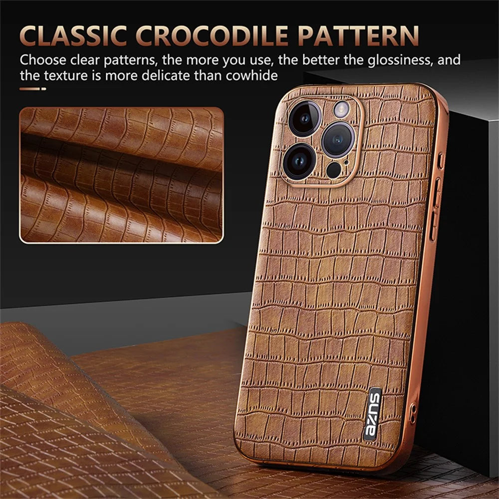 AZNS For iPhone 16 Pro Max Case Electroplating Crocodile Texture PU+TPU Phone Cover - Brown - 6