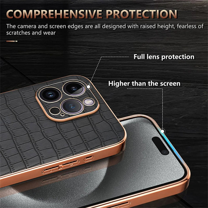 AZNS For iPhone 16 Pro Max Case Electroplating Crocodile Texture PU+TPU Phone Cover - Brown - 7