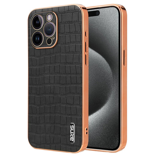 AZNS For iPhone 16 Pro Case Electroplating PU+TPU Phone Cover Crocodile Texture - Black - 1