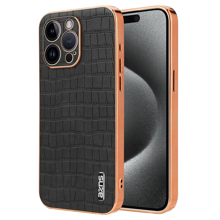 AZNS For iPhone 16 Pro Case Electroplating PU+TPU Phone Cover Crocodile Texture - Black - 1