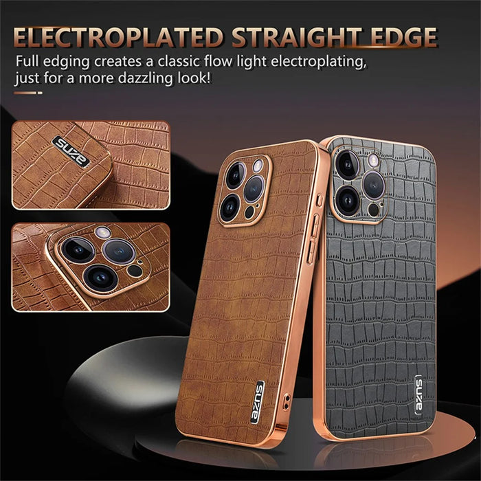 AZNS For iPhone 16 Pro Case Electroplating PU+TPU Phone Cover Crocodile Texture - Black - 4