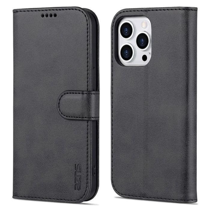 AZNS For iPhone 16 Pro Max Case PU Leather Wallet Phone Cover - Black - 1