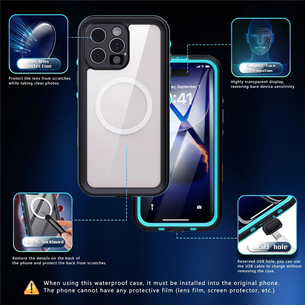 REDPEPPER Dot+ Series For iPhone 16 Pro Max Phone Case Compatible with MagSafe IP68 Waterproof Clear Phone Cover - Blue - 5