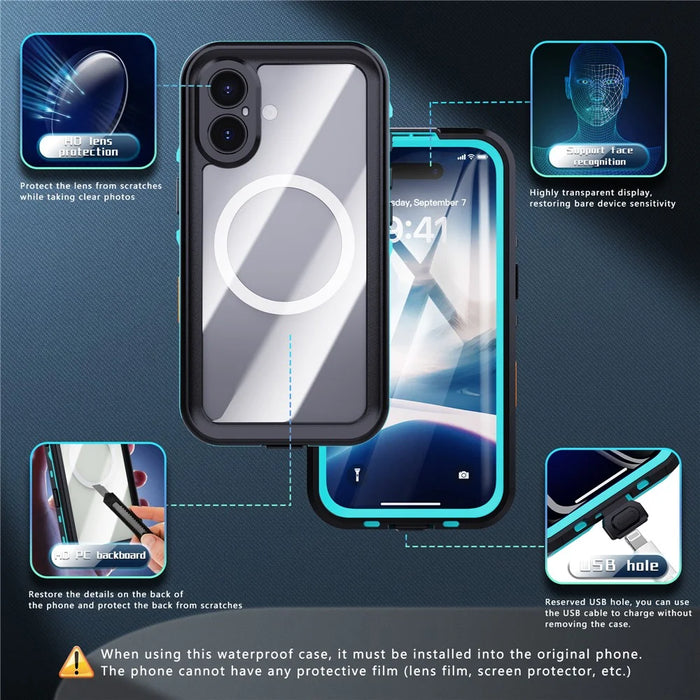 REDPEPPER Dot+ Series For iPhone 16 Plus Phone Case Compatible with MagSafe IP68 Waterproof Clear Phone Cover - Blue - 5