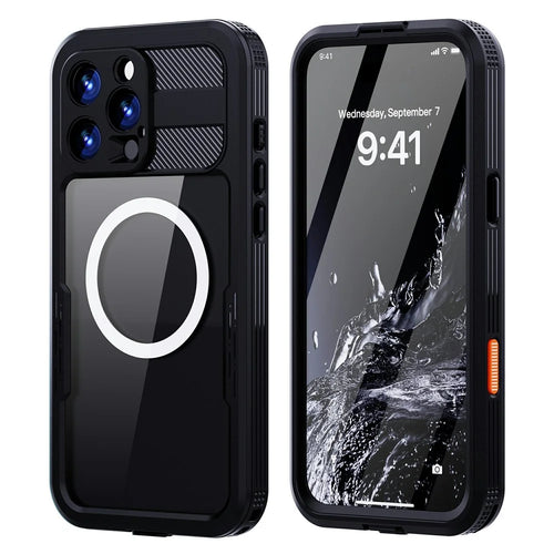 SHELLBOX For iPhone 16 Pro Max Case Compatible with MagSafe IP68 Waterproof Clear Phone Cover - Black - 1