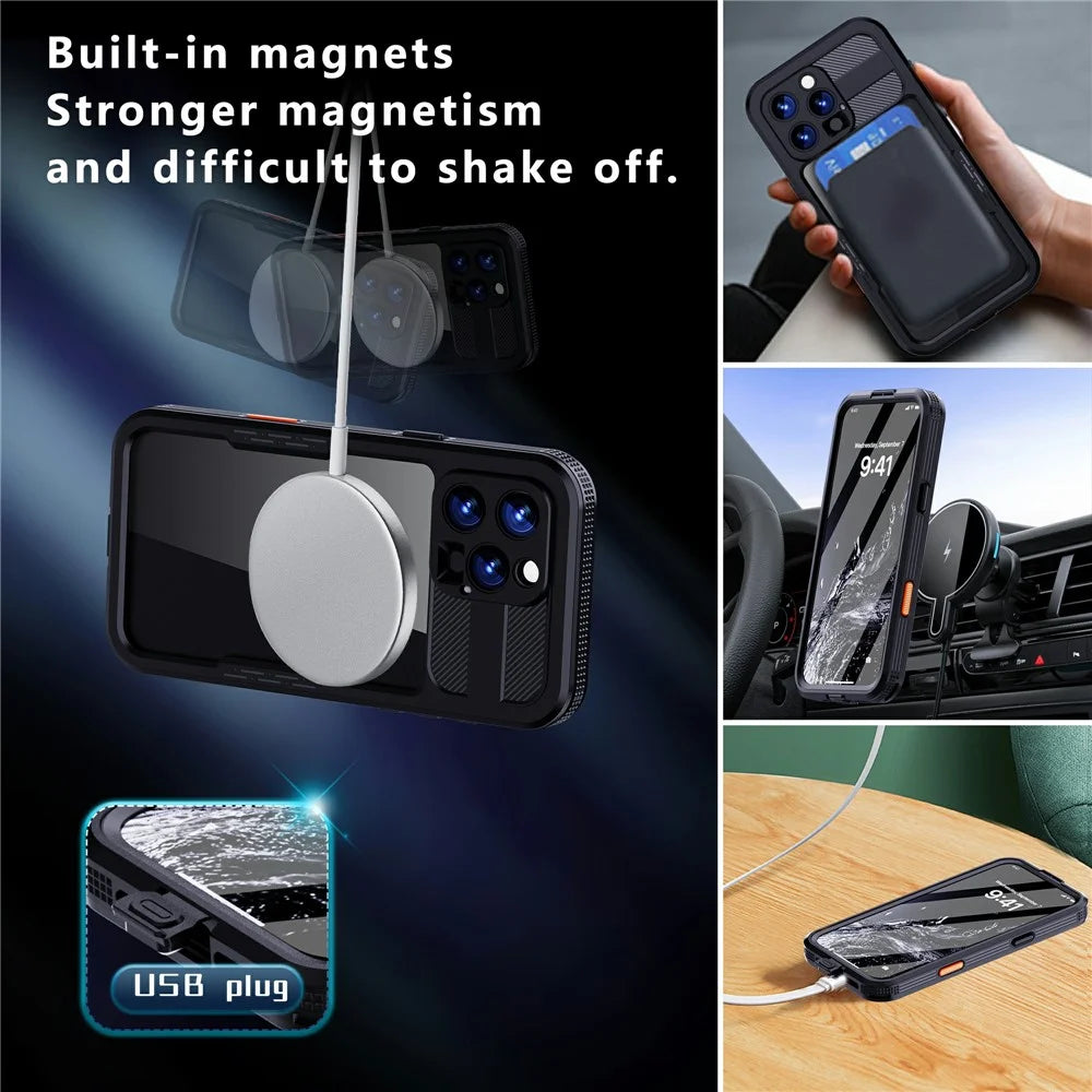 SHELLBOX For iPhone 16 Pro Max Case Compatible with MagSafe IP68 Waterproof Clear Phone Cover - Black - 3