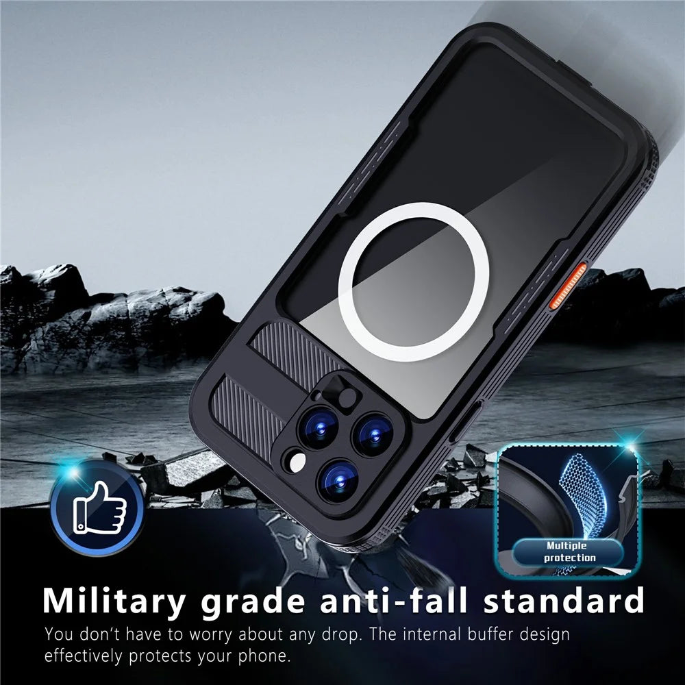 SHELLBOX For iPhone 16 Pro Max Case Compatible with MagSafe IP68 Waterproof Clear Phone Cover - Black - 7