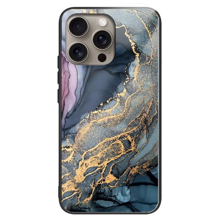For iPhone 16 Pro Max Case Artistic Marble Pattern Tempered Glass Shockproof Phone Cover - Style A - 1
