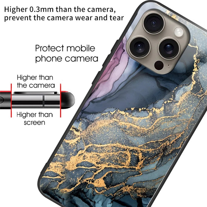 For iPhone 16 Pro Max Case Artistic Marble Pattern Tempered Glass Shockproof Phone Cover - Style A - 2