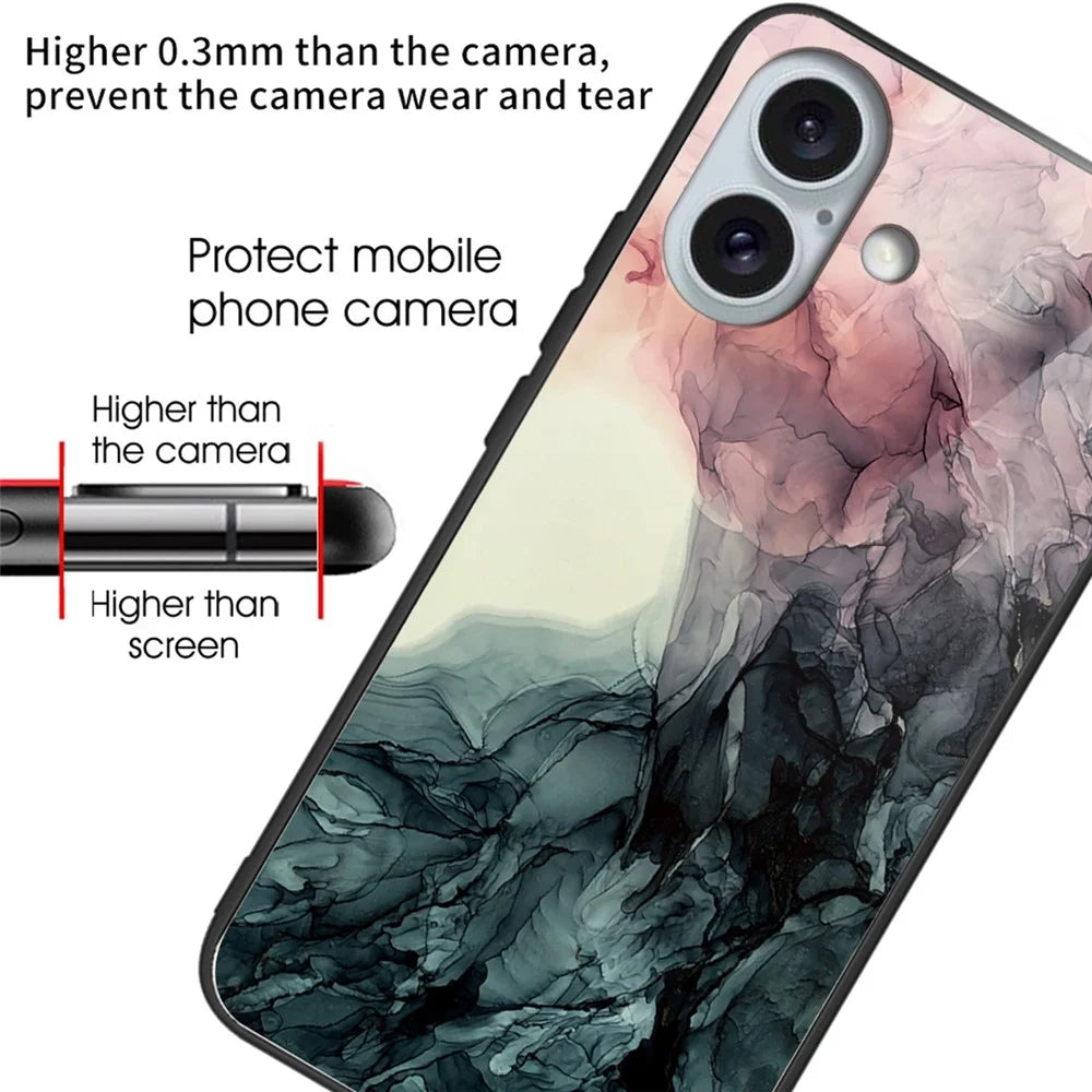 For iPhone 16 Case Artistic Marble Pattern Shockproof Tempered Glass Phone Cover - Style A - 2