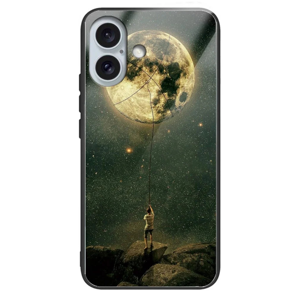 For iPhone 16 Case Pattern Printing Tempered Glass+TPU Phone Cover - Man and Moon - 1