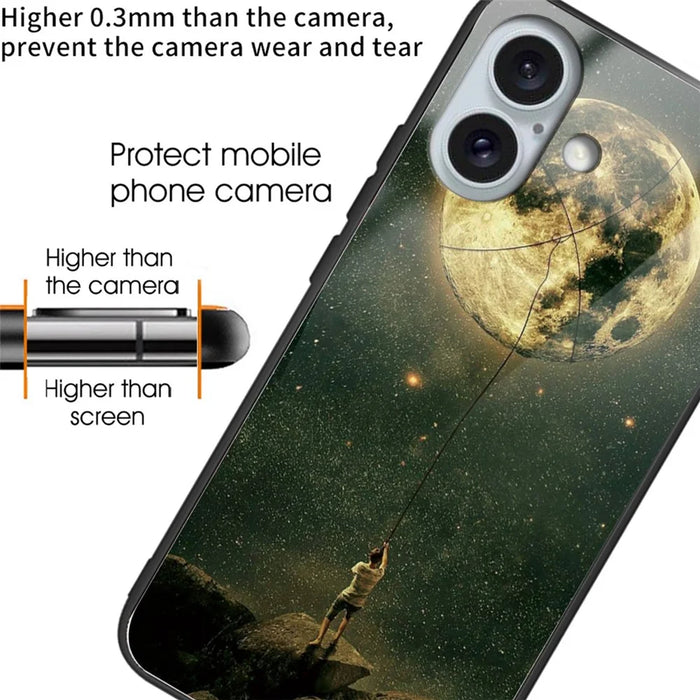 For iPhone 16 Case Pattern Printing Tempered Glass+TPU Phone Cover - Man and Moon - 2